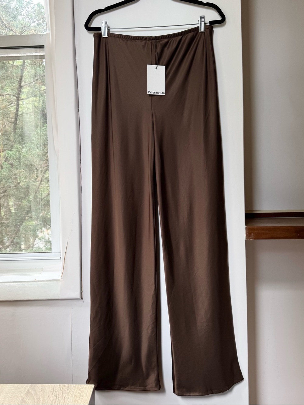 Reformation Gale Satin Mid-Rise Bias Pants Pinecone Brown Large